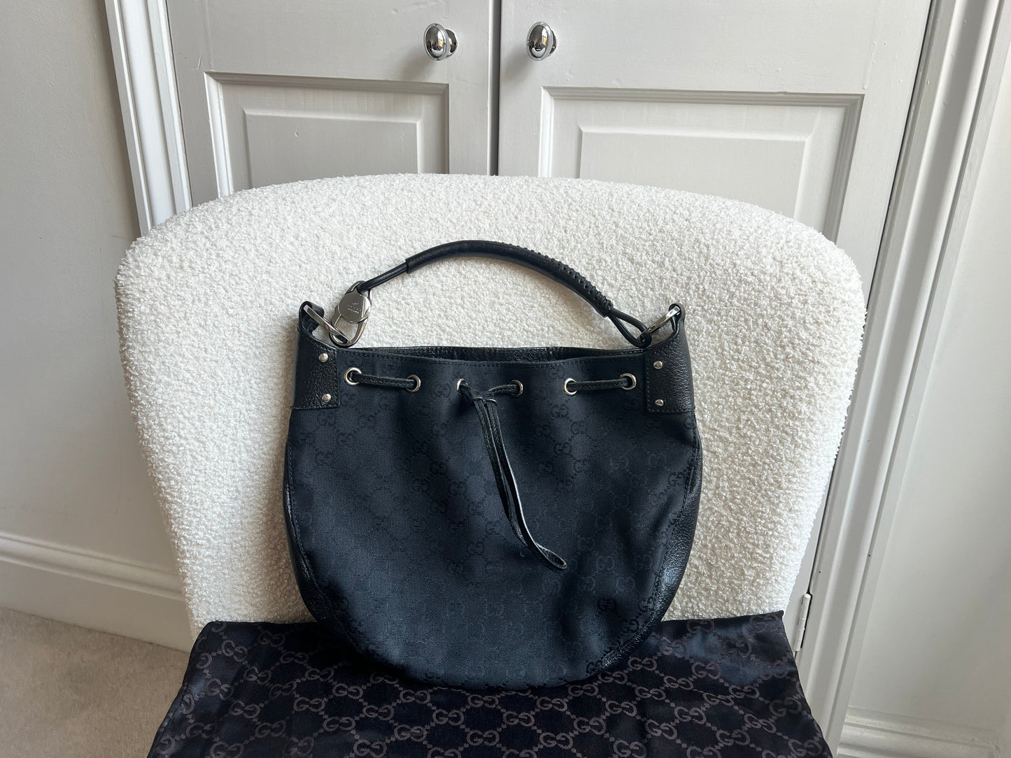 Gucci Black GG Canvas Drawstring Shoulder Bag