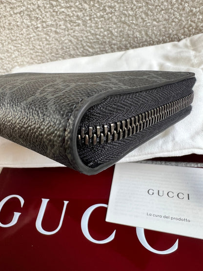 Gucci Black Grey GG Canvas zip around wallet
