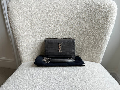 Yves Saint Laurent (YSL) Grey Croc Mini Sunset with Silver Hardware (RRP £1,545)
