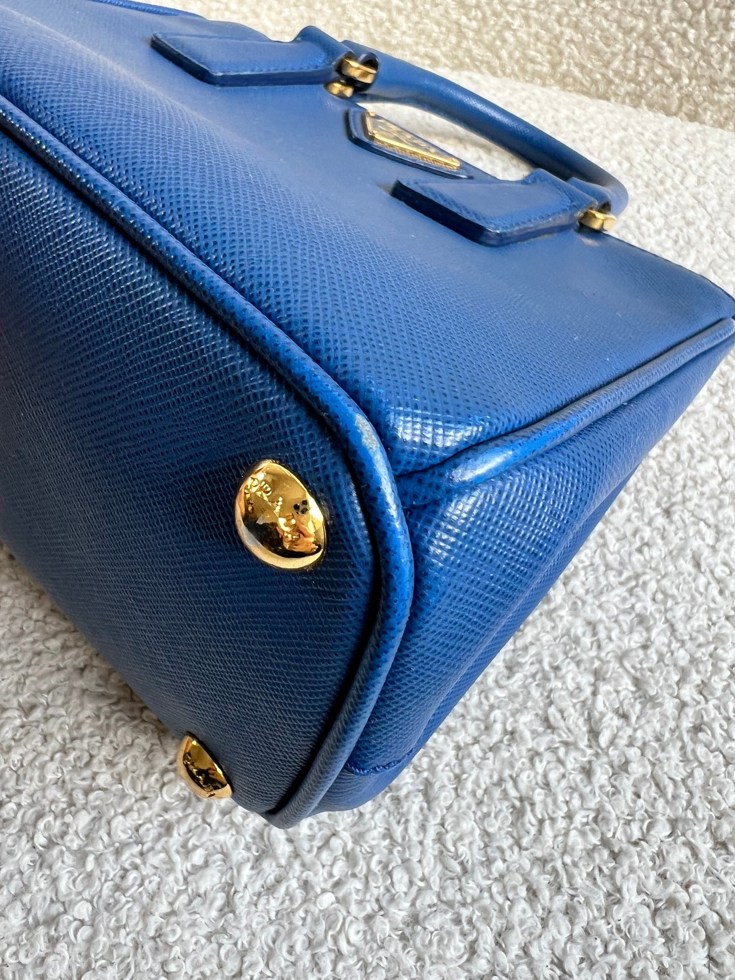 Prada Blue Saffiano Lux Leather Micro Double Zip Tote