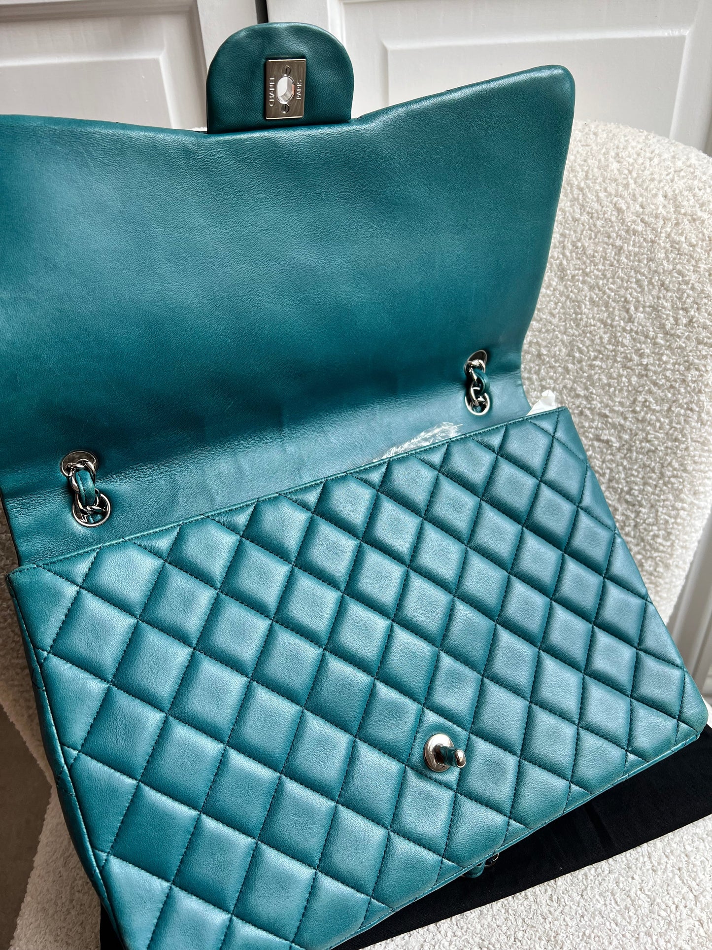 Chanel Maxi Single Flap in Teal Lambskin Silver Hardware