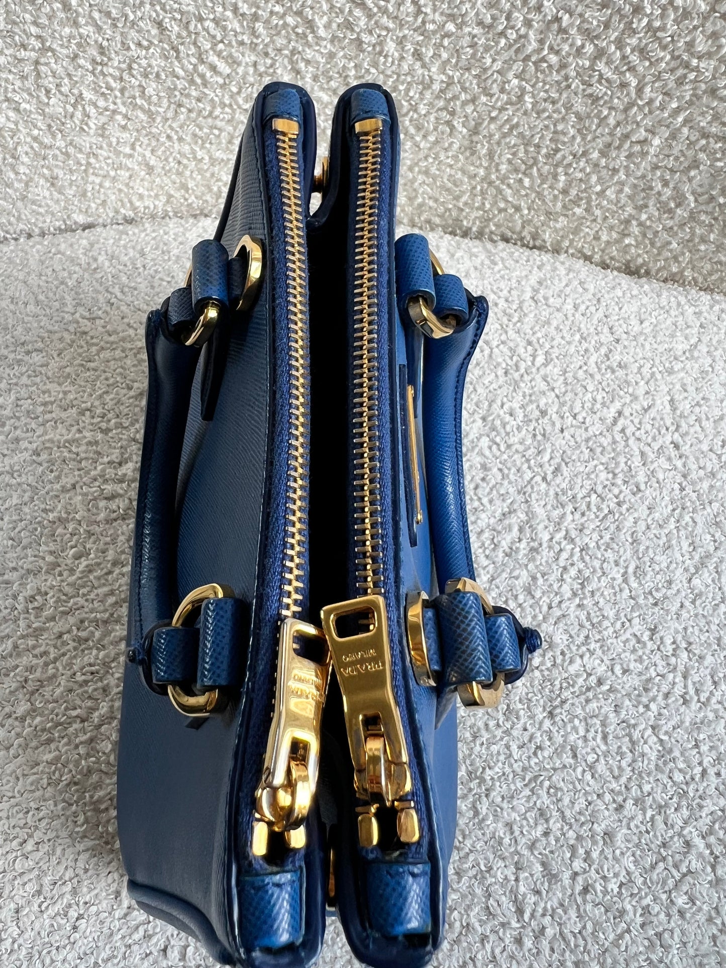 Prada Blue Saffiano Lux Leather Micro Double Zip Tote