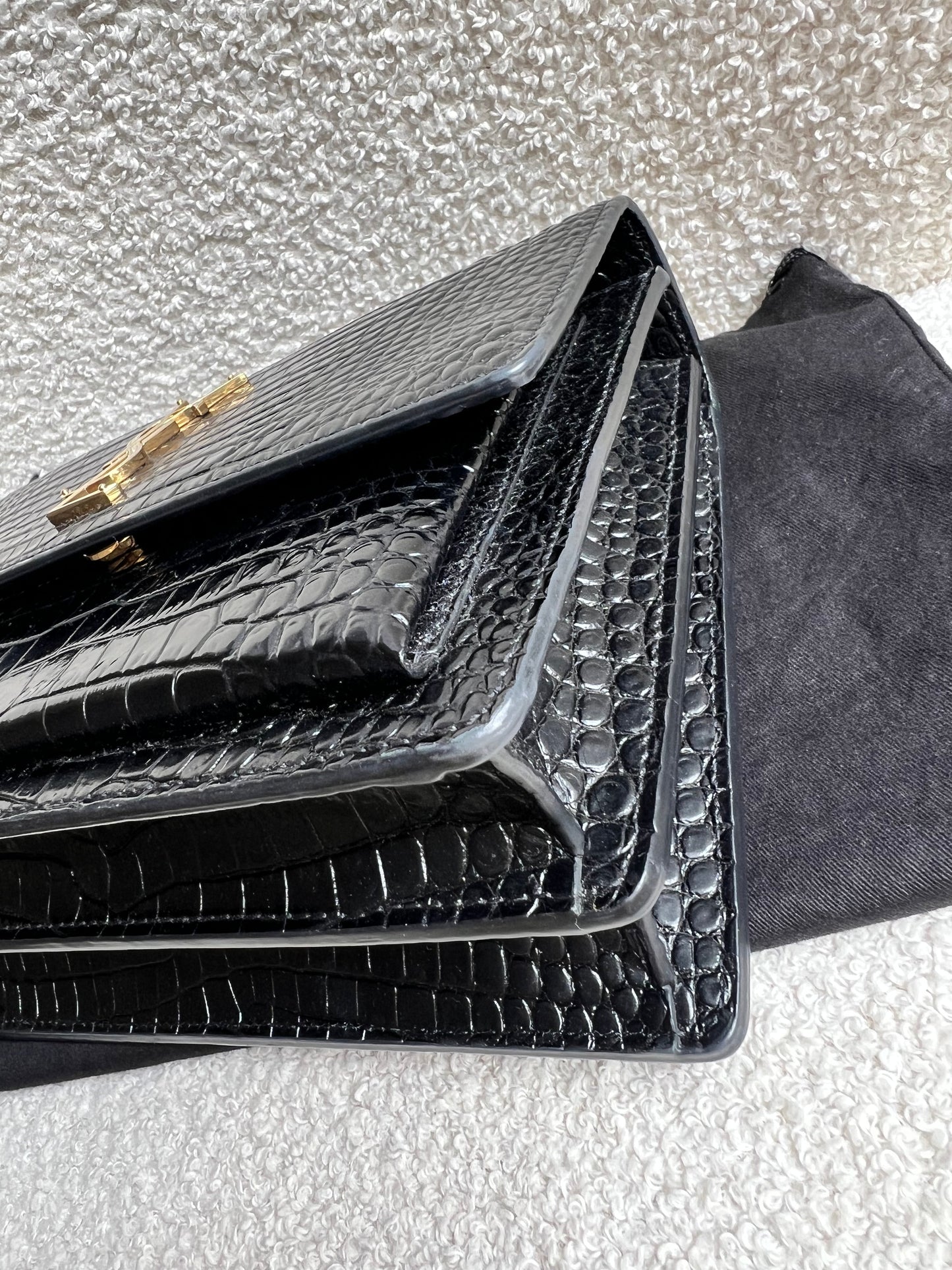 Yves Saint Laurent (YSL) Black Croc Medium Sunset with Gold Hardware (RRP £2,230)
