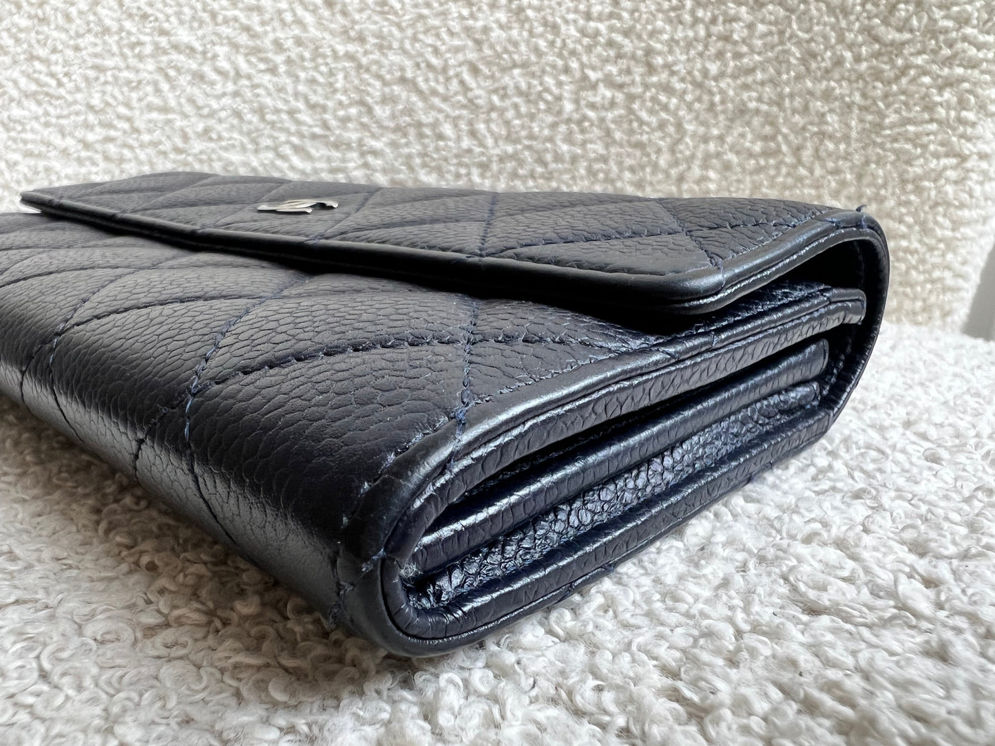 Chanel Navy Caviar Flap Wallet with silver Hardware