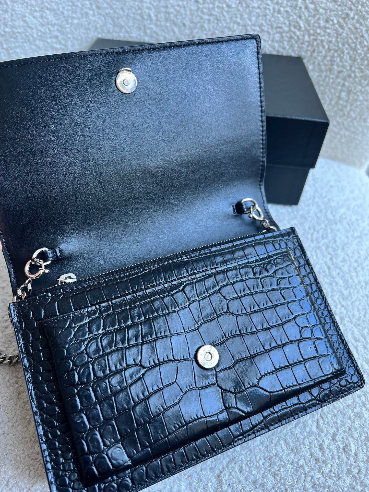 Yves Saint Laurent (YSL) Black Croc Mini Sunset Top Handle (RRP £1,445)