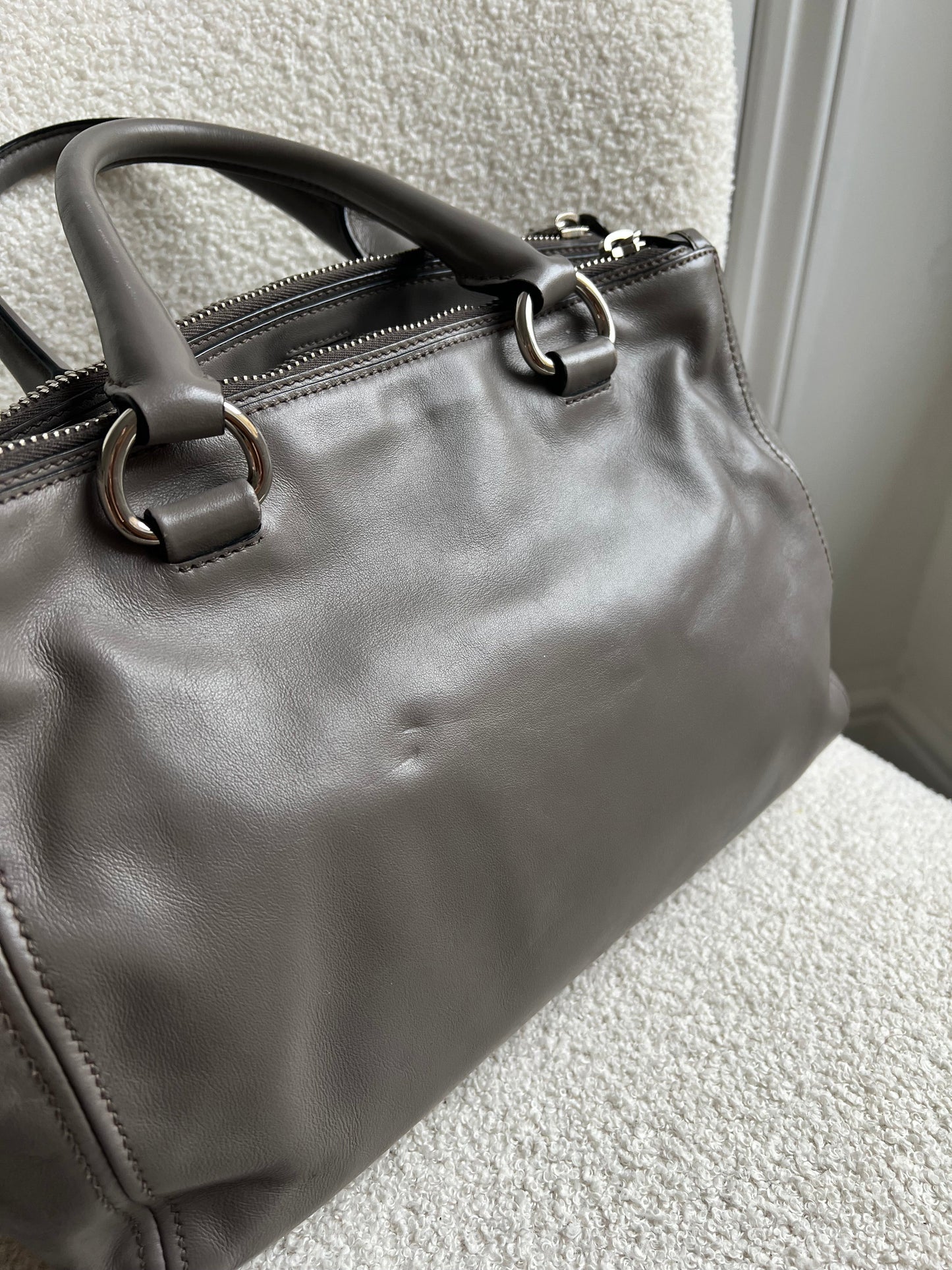 Prada Grey Double Zip Two Way Tote in Grey Soft Calf
