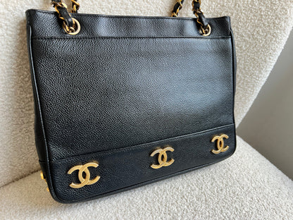 Chanel Vintage Black Caviar Chain Tote with 24k Gold Hardware