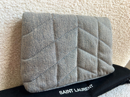 Yves Saint Laurent (YSL) Puffer Clutch Pouch in Blue Quilted Denim (RRP £710)