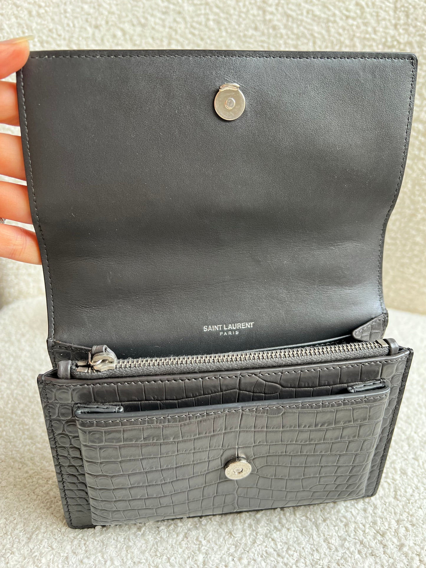 Yves Saint Laurent (YSL) Grey Croc Mini Sunset with Silver Hardware (RRP £1,545)