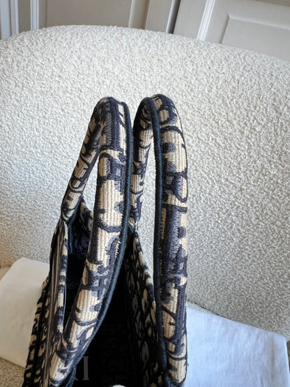 Christian Dior Small Book Tote in Ecru and Blue Dior Oblique Embroidery (RRP £2500)