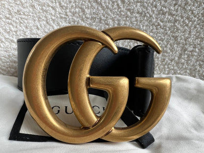 Gucci GG Marmont Black Wide Leather Belt with Shiny Gold Buckle (RRP £410)