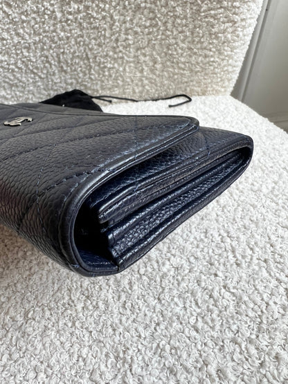 Chanel Navy Caviar Flap Wallet with silver Hardware