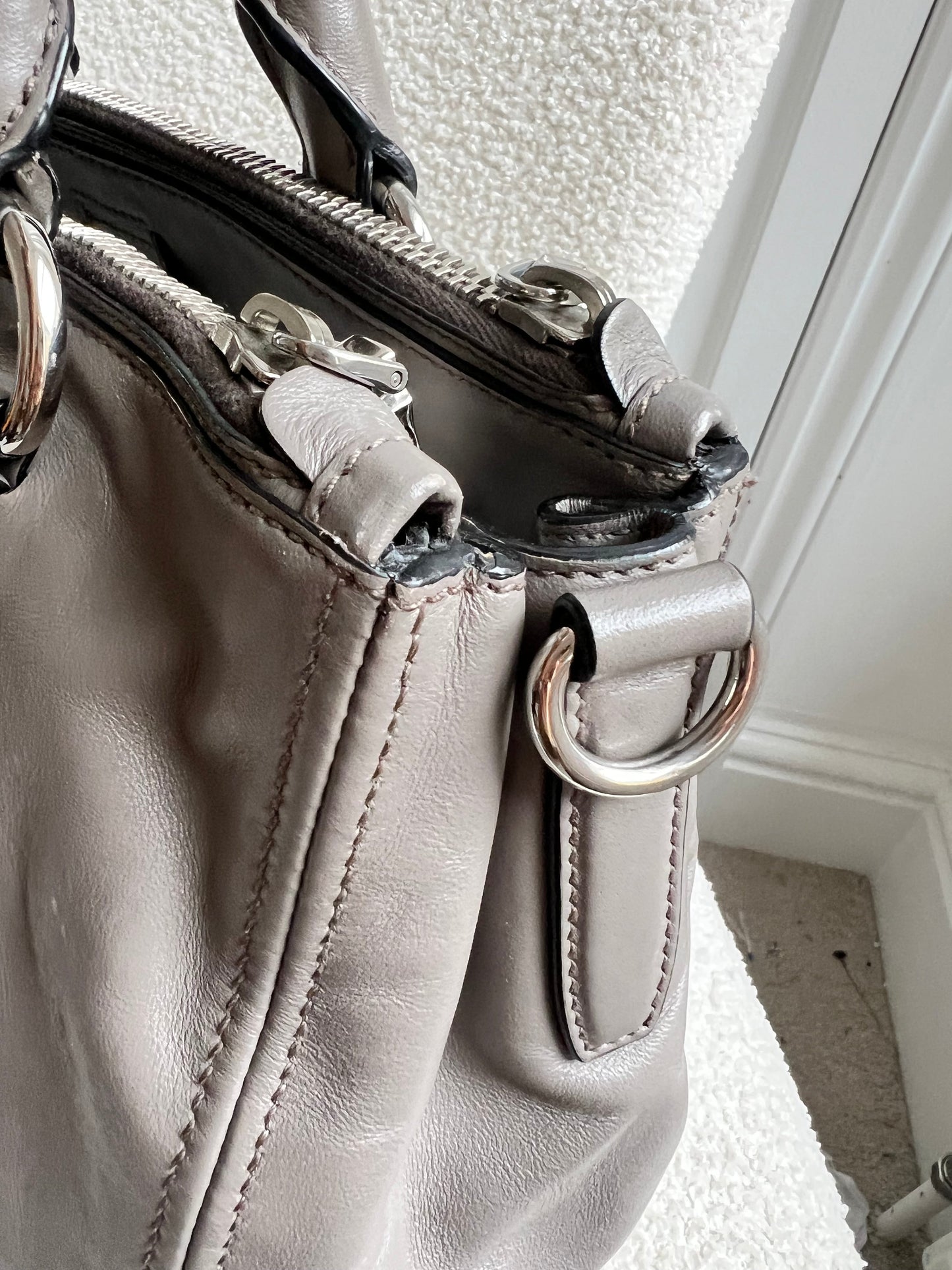 Prada Grey Double Zip Two Way Tote in Grey Soft Calf