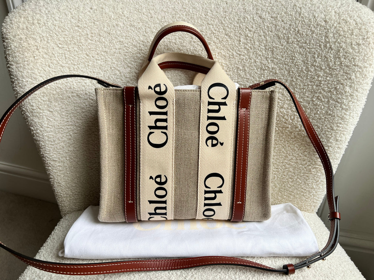 Chloe Small Soft Tan Linen Woody Tote Bag (£890)