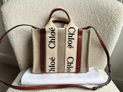 Chloe Small Soft Tan Linen Woody Tote Bag (£890)