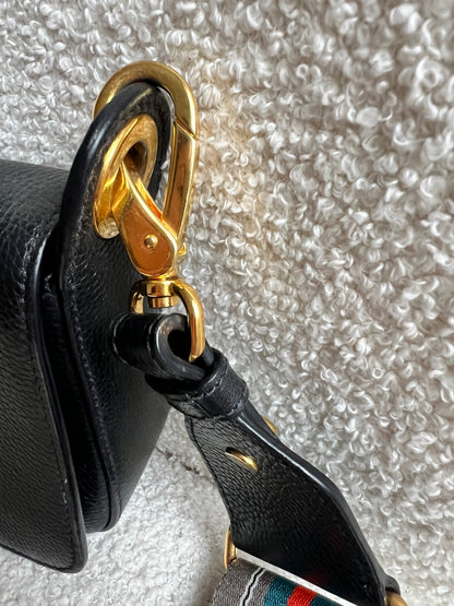 Prada Vitello Phoenix Black Small Leather Crossbody Bag Web Stripe Strap