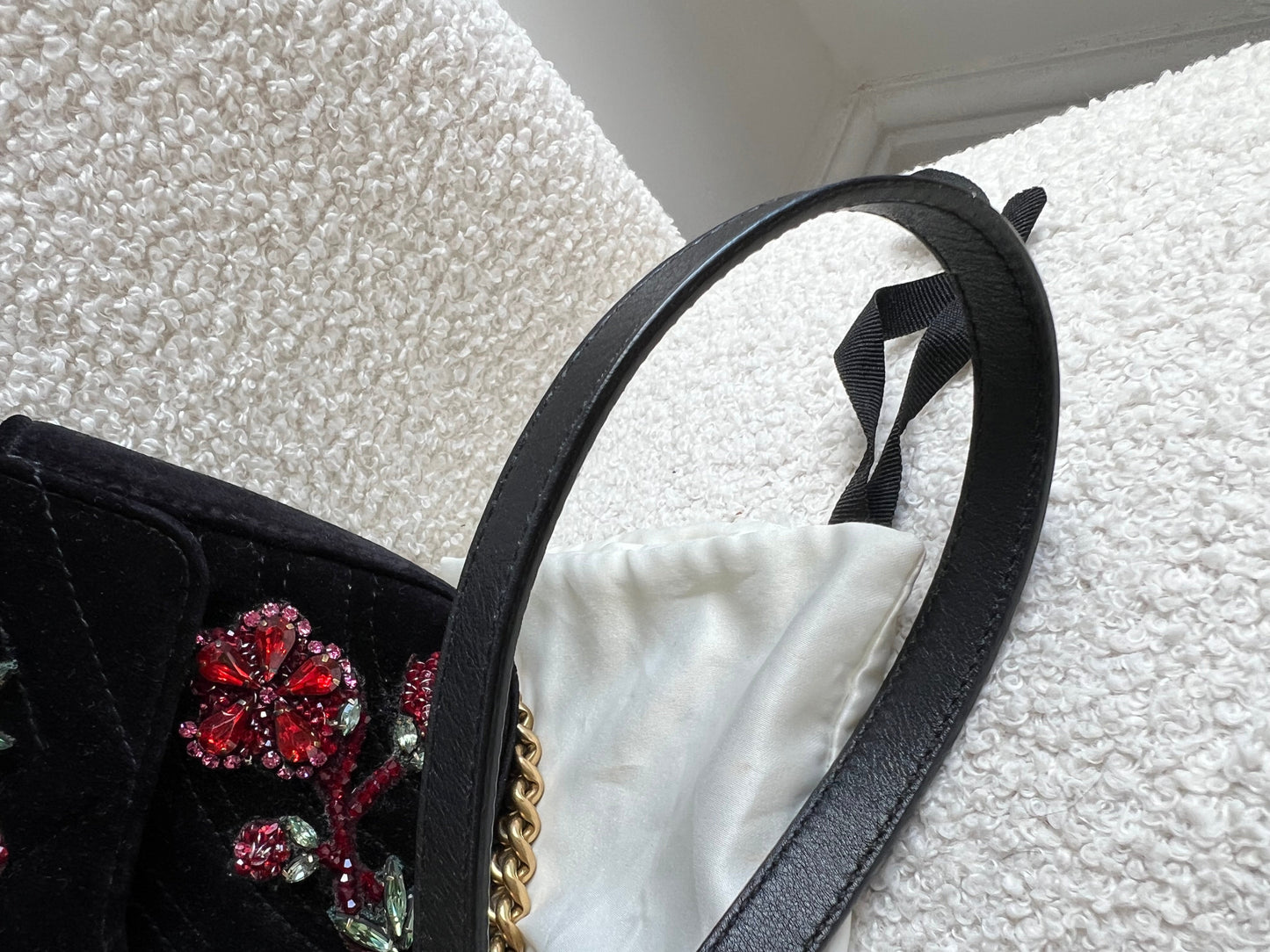 Gucci GG Black Velvet Embellished Marmont Mini Shoulder Bag
