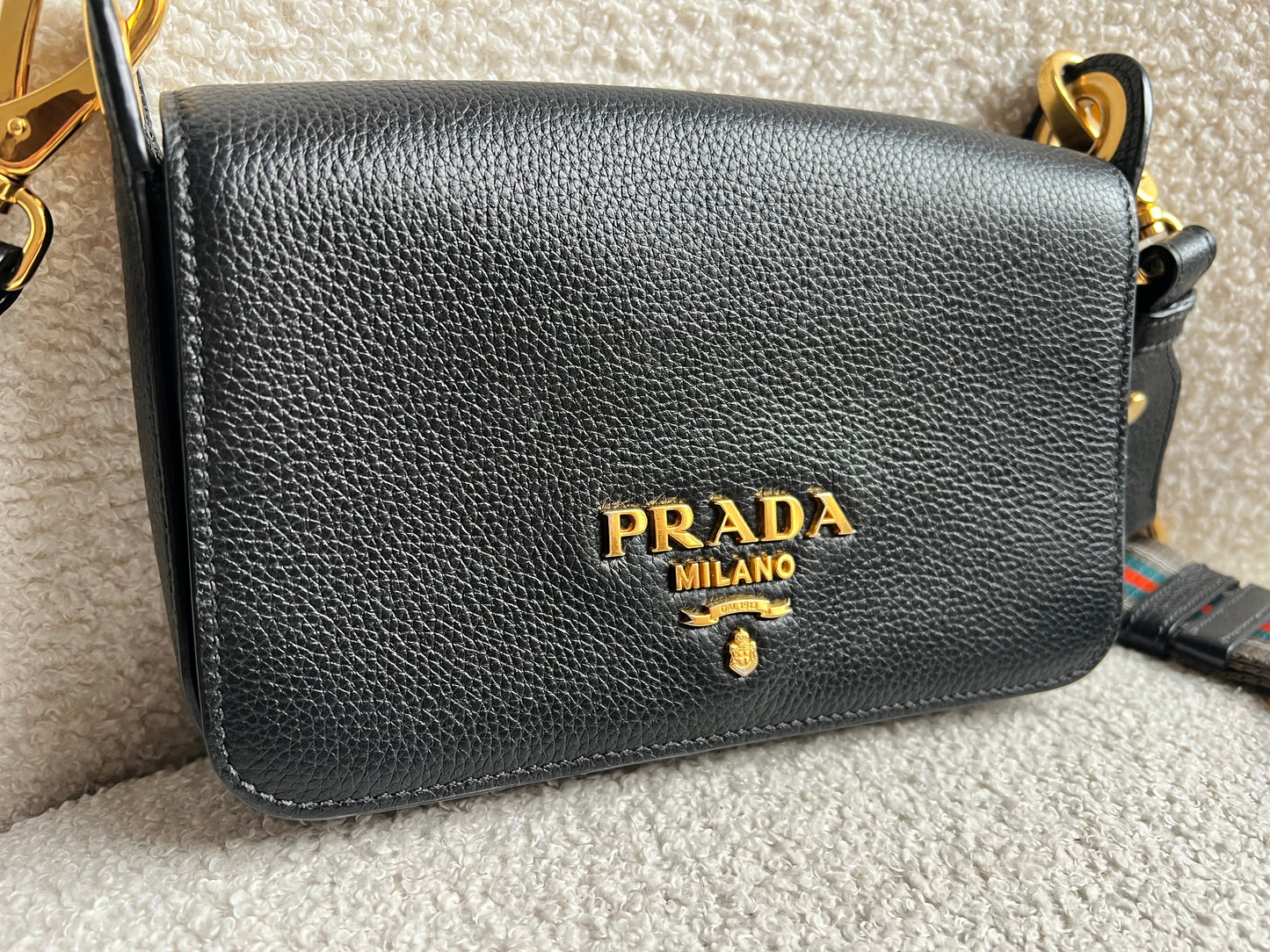 Prada Vitello Phoenix Black Small Leather Crossbody Bag Web Stripe Strap