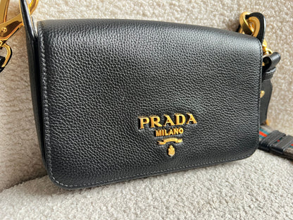 Prada Vitello Phoenix Black Small Leather Crossbody Bag Web Stripe Strap