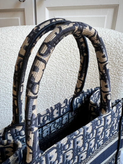 Christian Dior Small Book Tote in Ecru and Blue Dior Oblique Embroidery (RRP £2500)