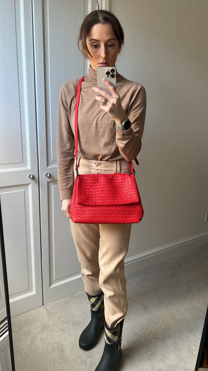Bottega Veneta Red Intreciatto Flap Shoulder Bag