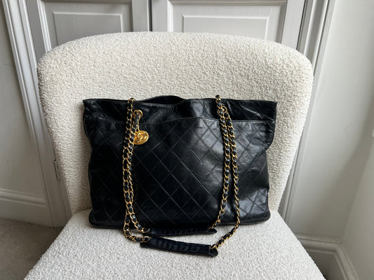 Chanel Vintage Black Lambskin Chain Tote with Gold Hardware