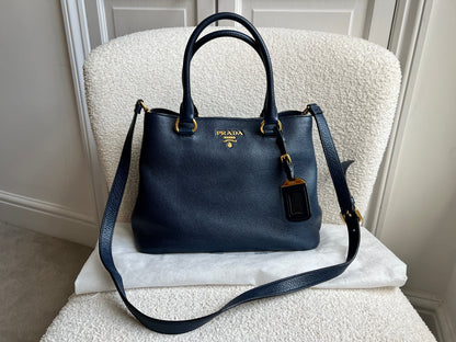 Prada Blue Vitello Daino Two Way Tote