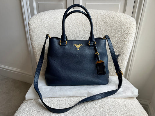 Prada Blue Vitello Daino Two Way Tote