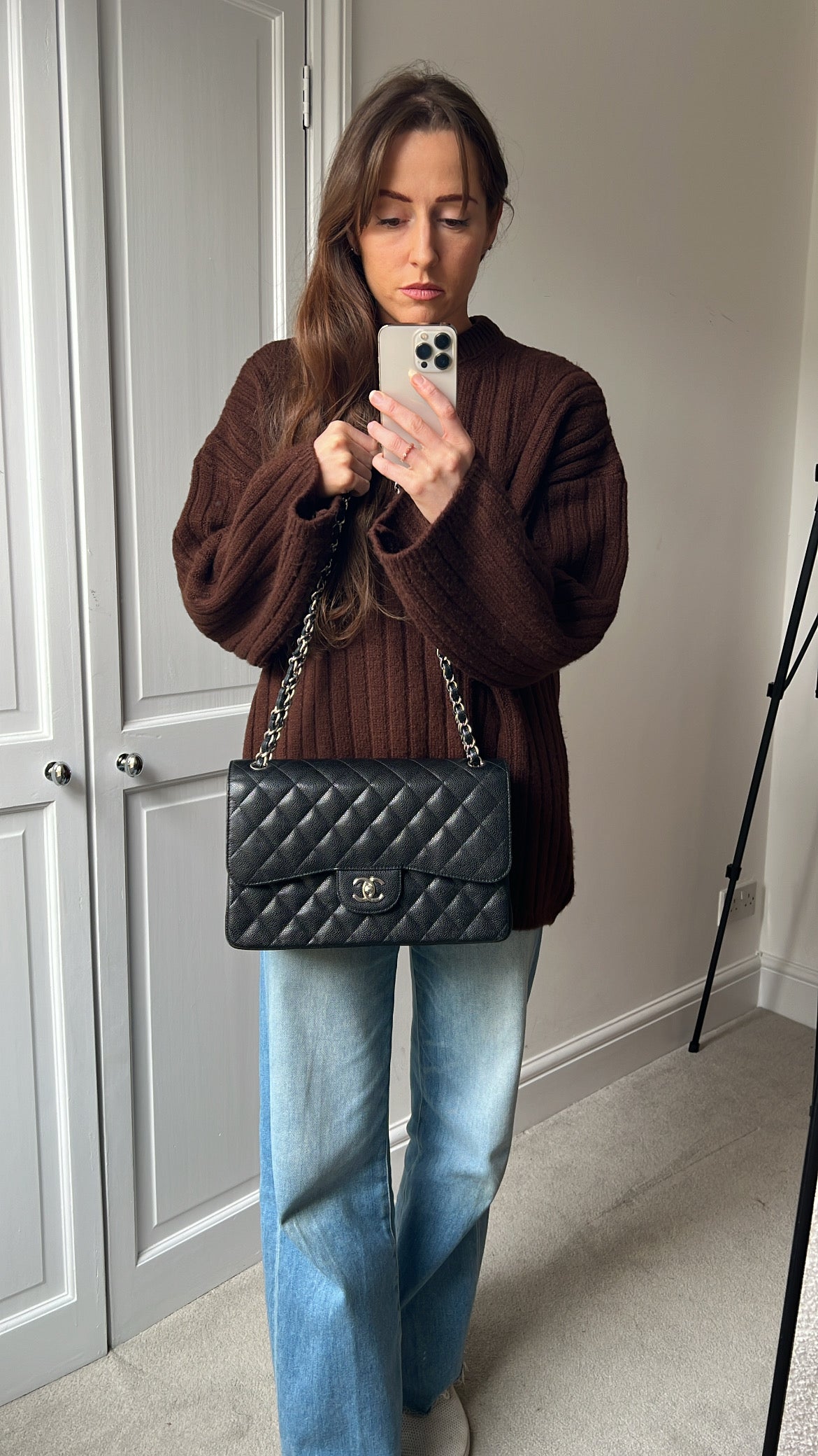 Chanel Jumbo Double Flap in Black Caviar with silver hardware