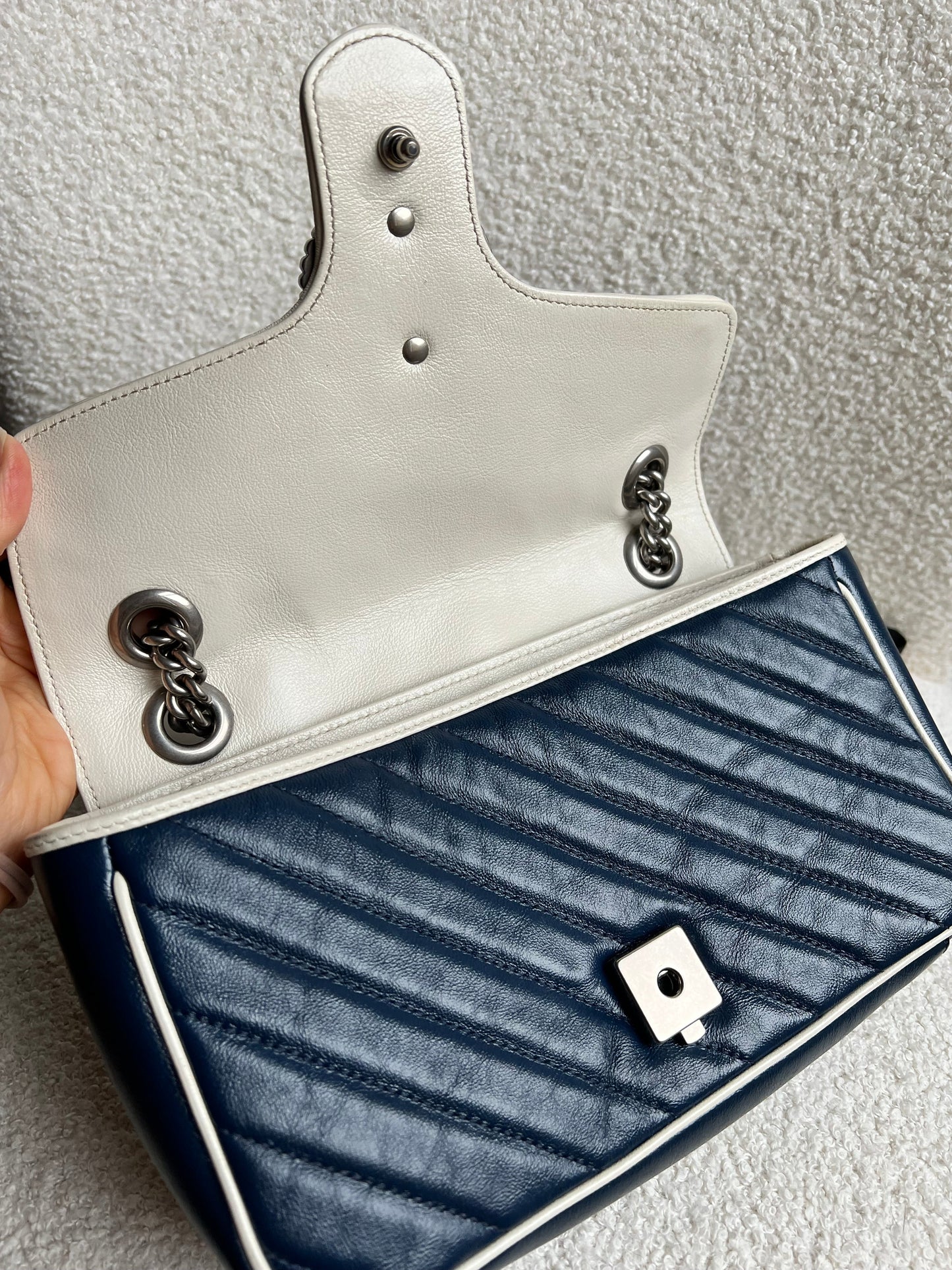 Gucci GG Navy and White Torchon Marmont Small Shoulder Bag