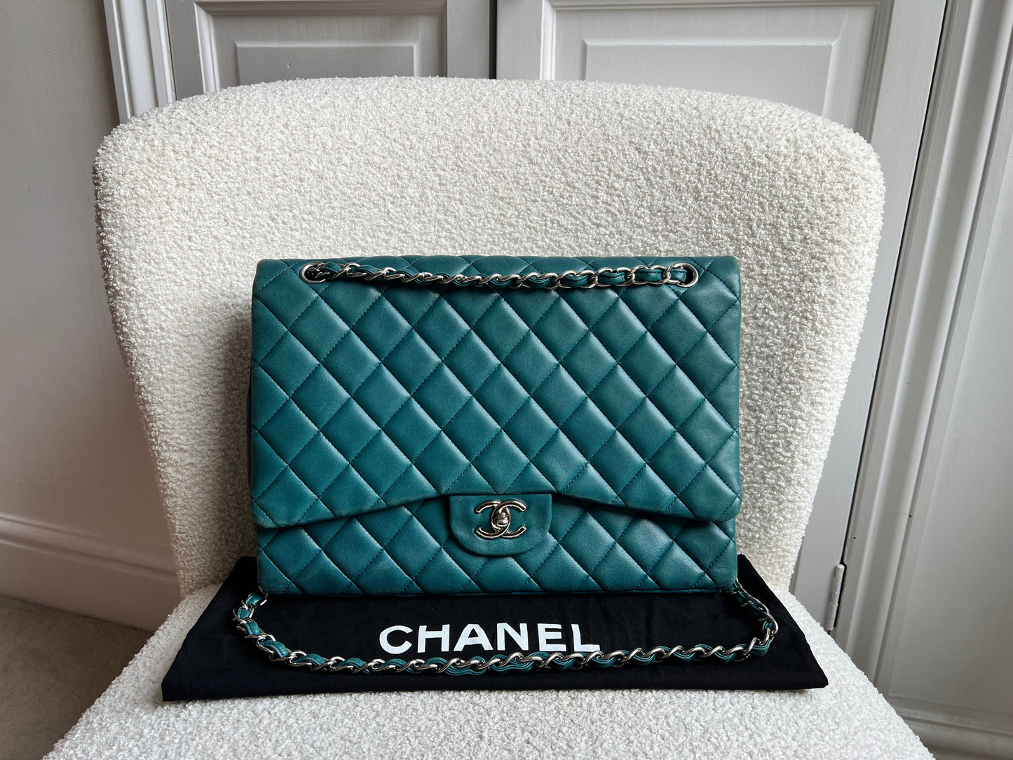 Chanel Maxi Single Flap in Teal Lambskin Silver Hardware