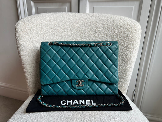 Chanel Maxi Single Flap in Teal Lambskin Silver Hardware