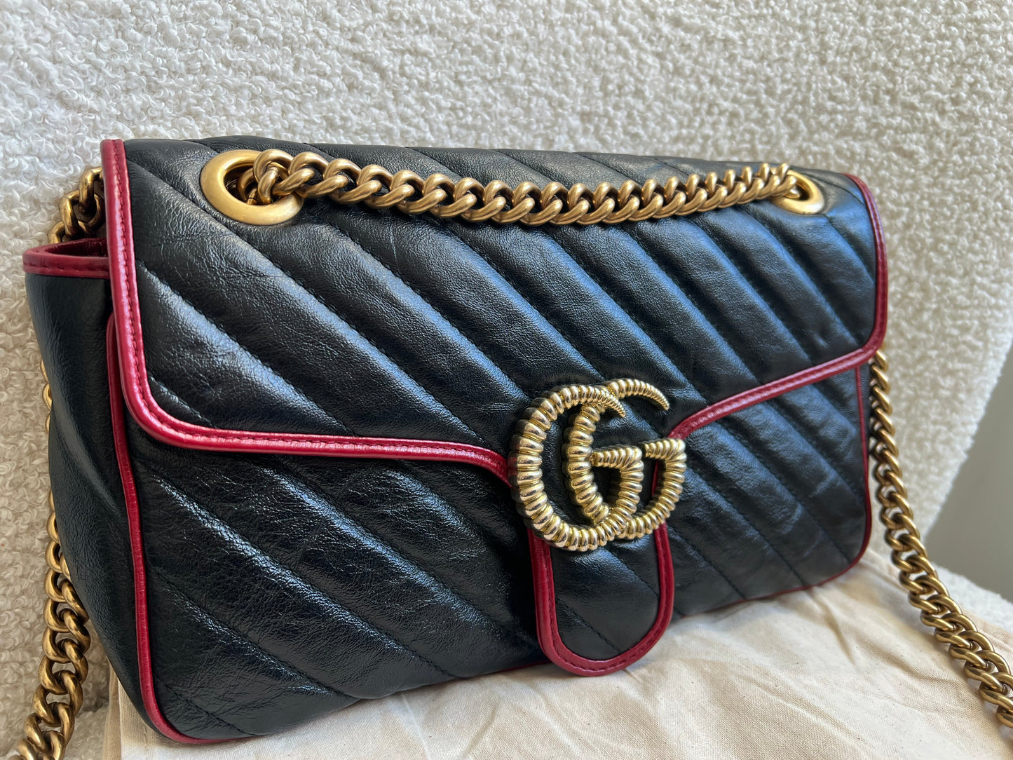 Gucci GG Black and Red Torchon Marmont Small Shoulder Bag
