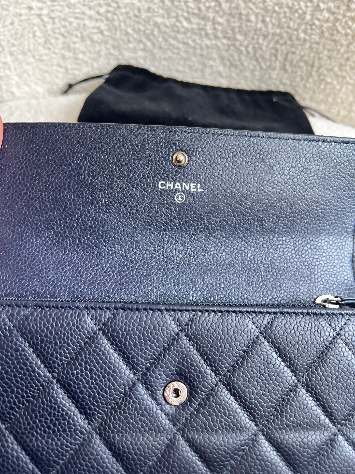 Chanel Navy Caviar Flap Wallet with silver Hardware