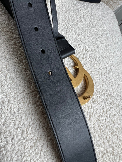 Gucci GG Marmont Black Wide Leather Belt with Shiny Gold Buckle (RRP £410)