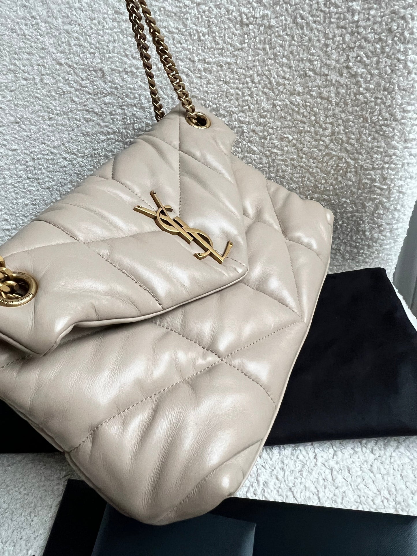 Yves Saint Laurent (YSL) Small Puffer in Beige Quilted Lambskin Gold Hardware (RRP £2,415)