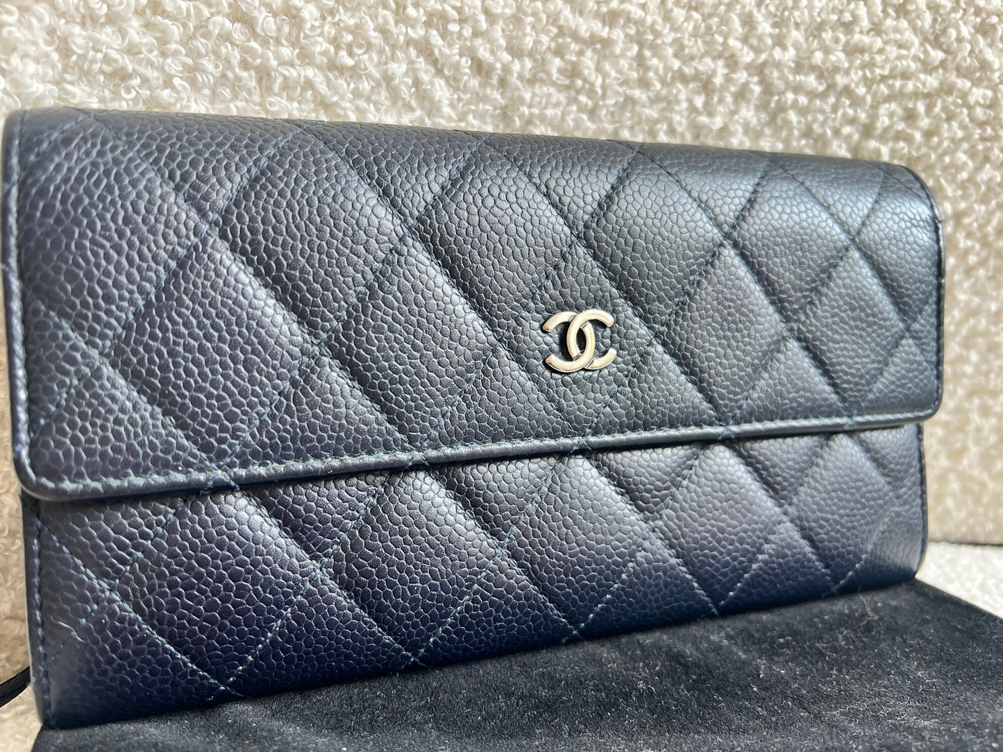 Chanel Navy Caviar Flap Wallet with silver Hardware