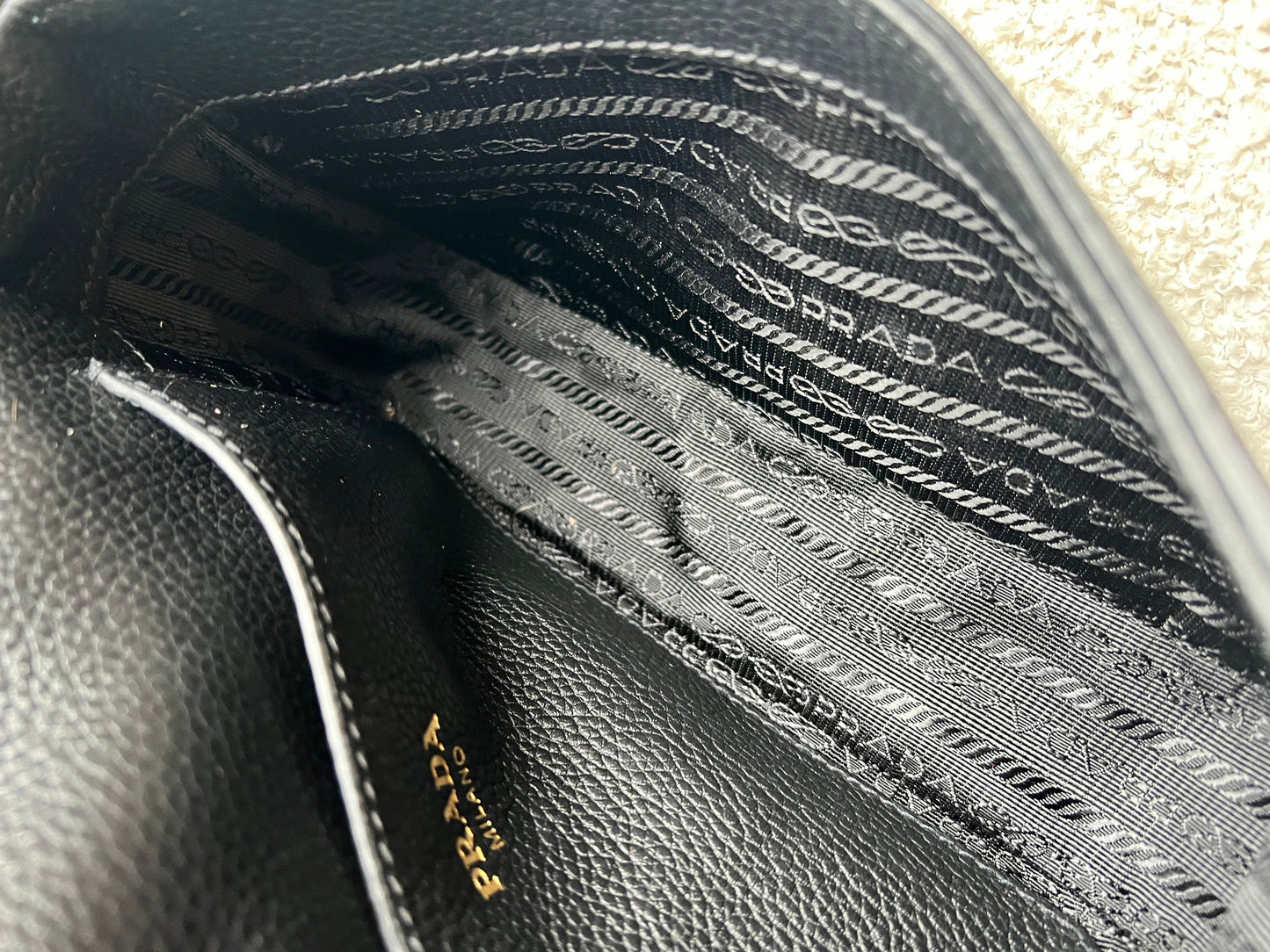 Prada Vitello Phoenix Black Small Leather Crossbody Bag Web Stripe Strap