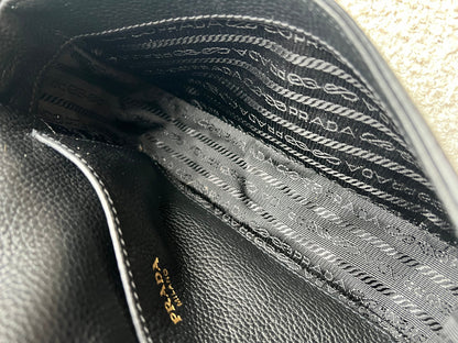 Prada Vitello Phoenix Black Small Leather Crossbody Bag Web Stripe Strap