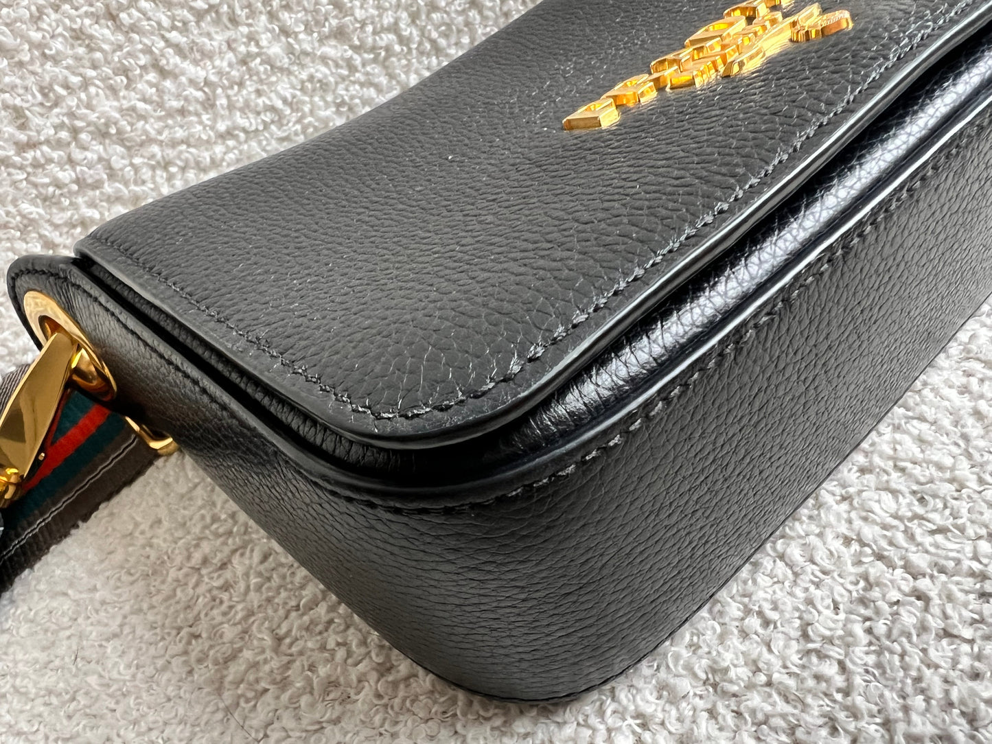 Prada Vitello Phoenix Black Small Leather Crossbody Bag Web Stripe Strap