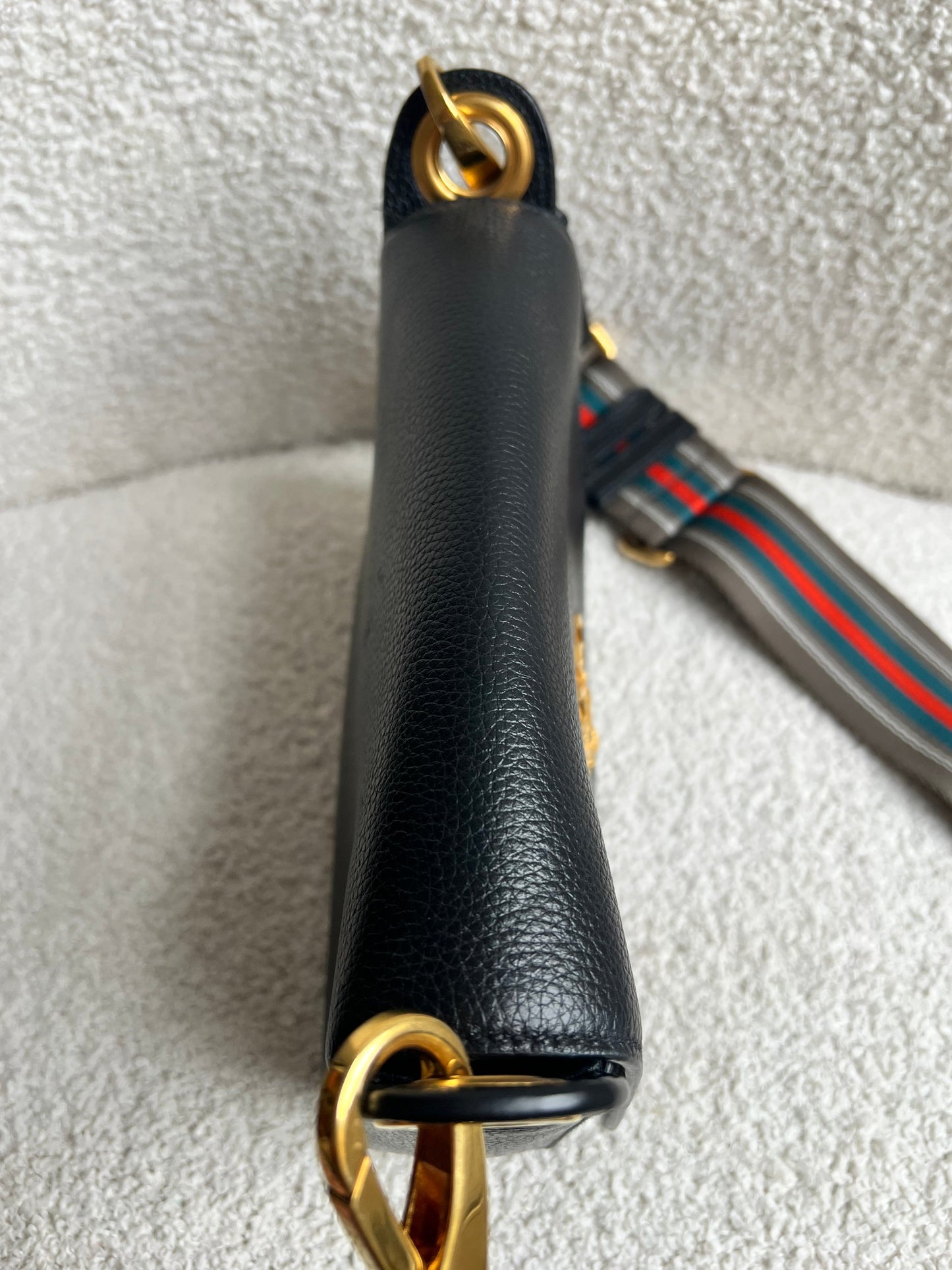 Prada Vitello Phoenix Black Small Leather Crossbody Bag Web Stripe Strap