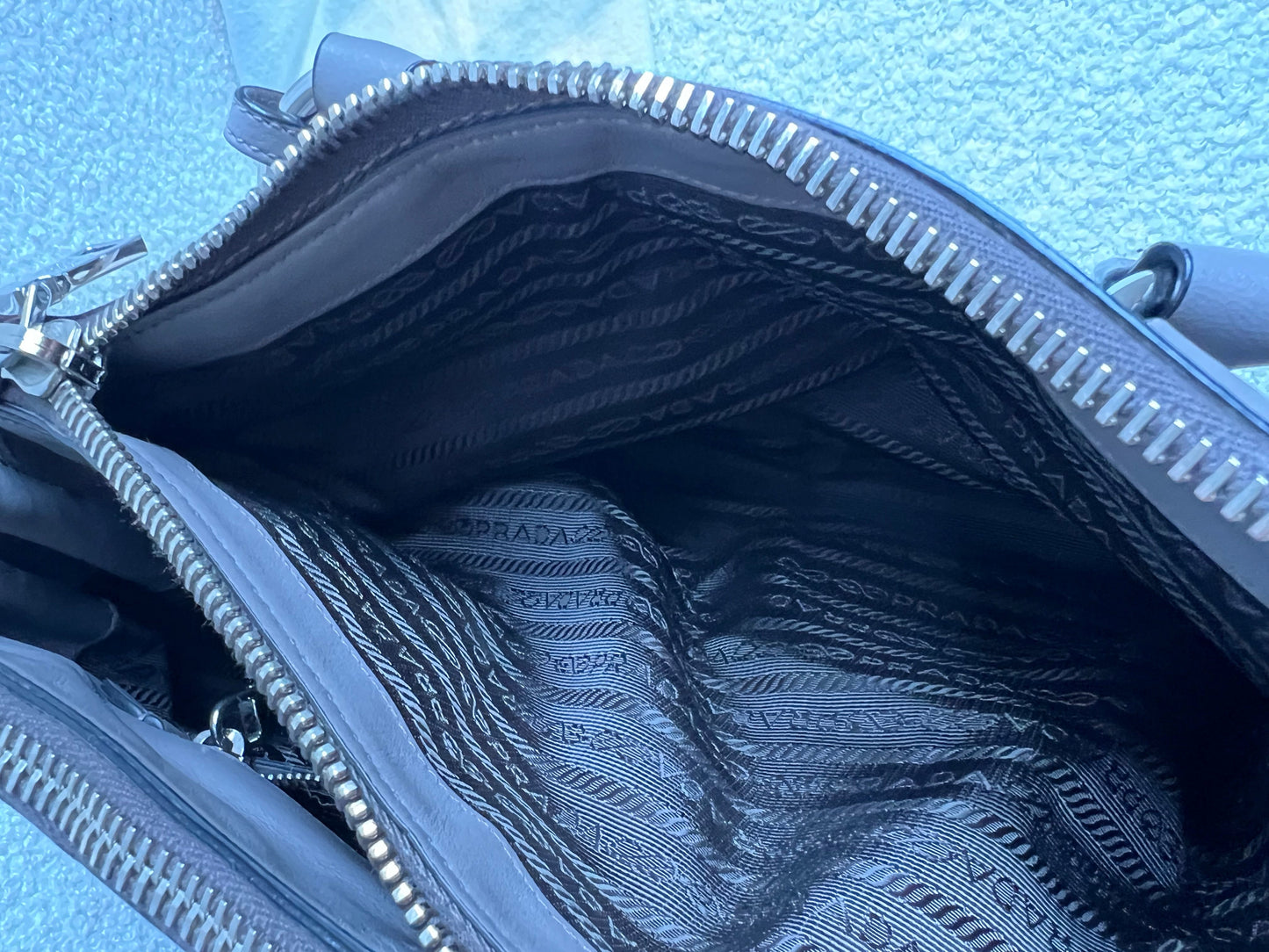 Prada Grey Double Zip Two Way Tote in Grey Soft Calf