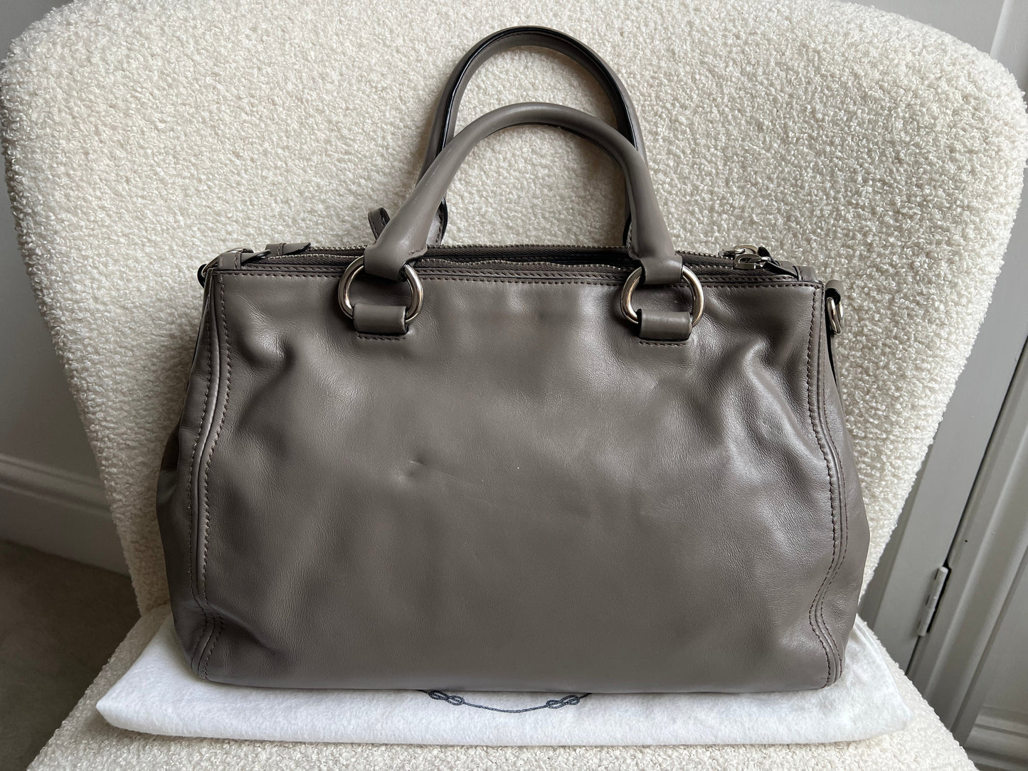 Prada Grey Double Zip Two Way Tote in Grey Soft Calf