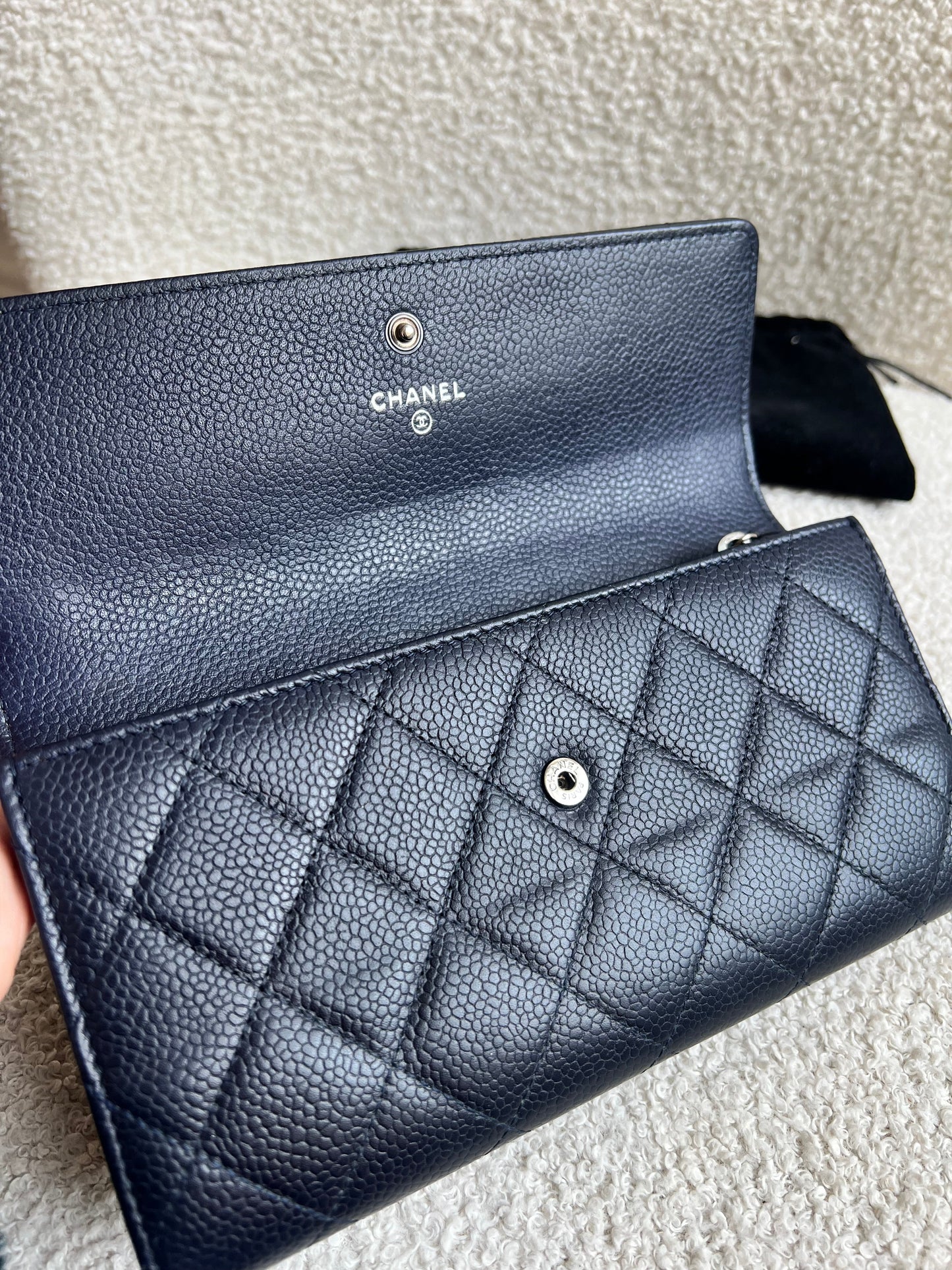 Chanel Navy Caviar Flap Wallet with silver Hardware