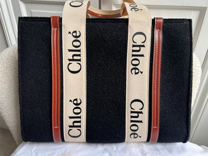 Chloe Medium Black Wool Woody Tote Bag