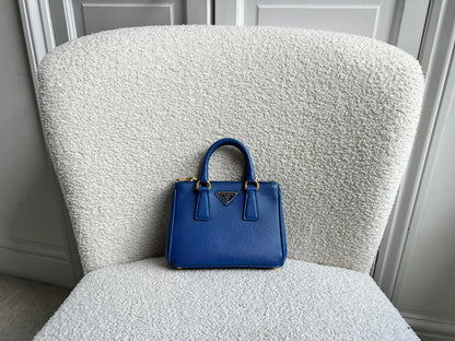 Prada Blue Saffiano Lux Leather Micro Double Zip Tote