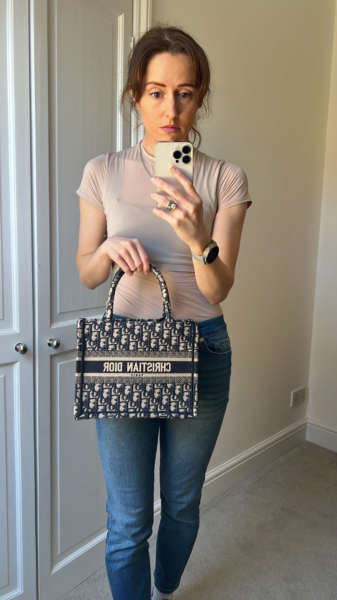 Christian Dior Small Book Tote in Ecru and Blue Dior Oblique Embroidery (RRP £2500)