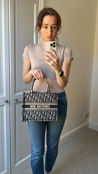 Christian Dior Small Book Tote in Ecru and Blue Dior Oblique Embroidery (RRP £2500)