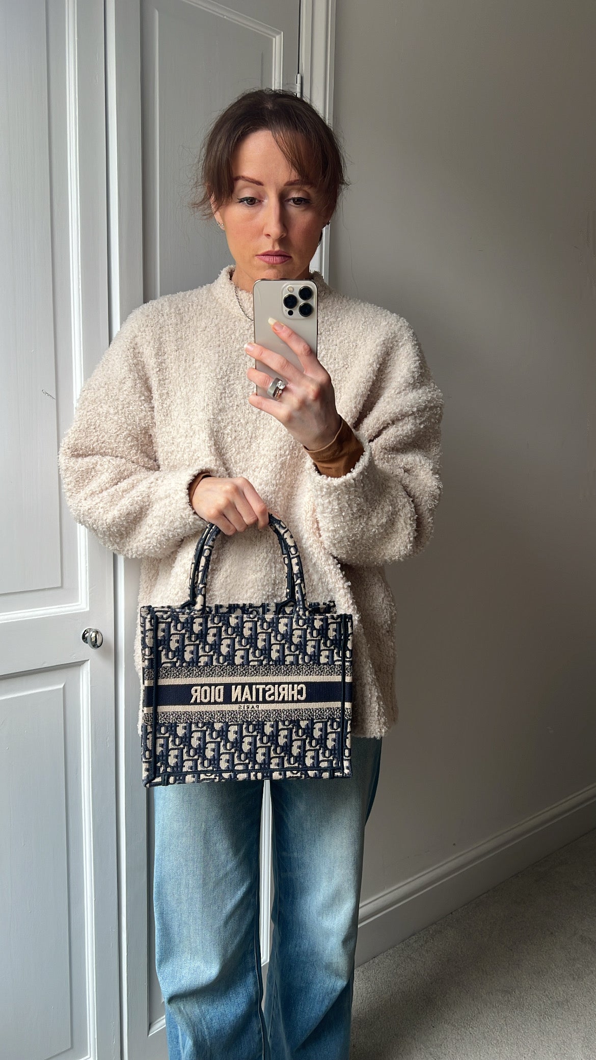 Christian Dior Small Book Tote in Ecru and Blue Dior Oblique Embroidery (RRP £2500)