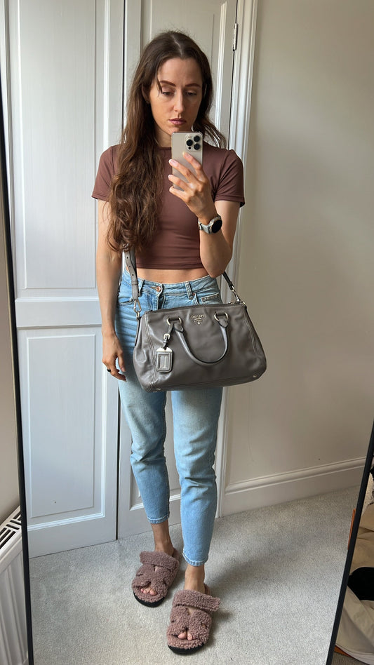 Prada Grey Double Zip Two Way Tote in Grey Soft Calf